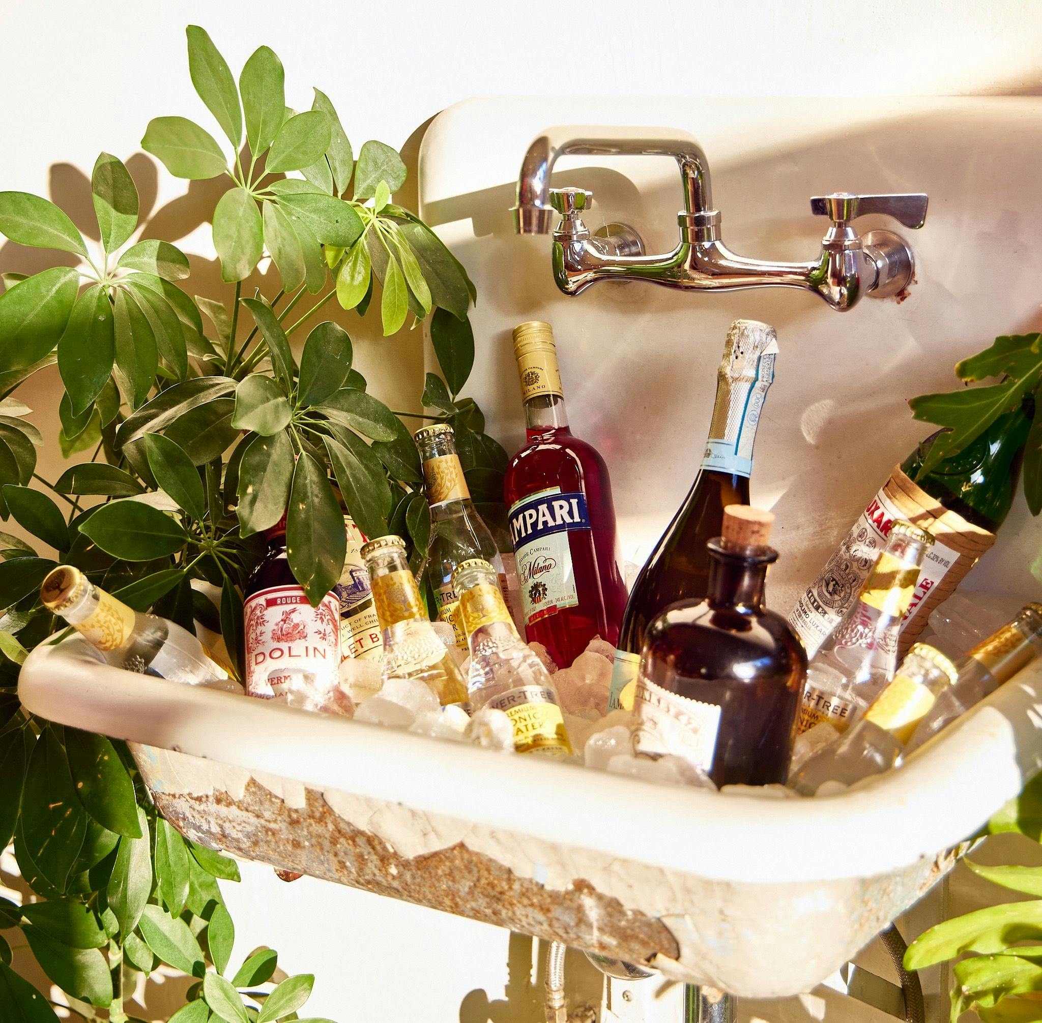 Negroni Bar, liqeuers in sink on ice with plants