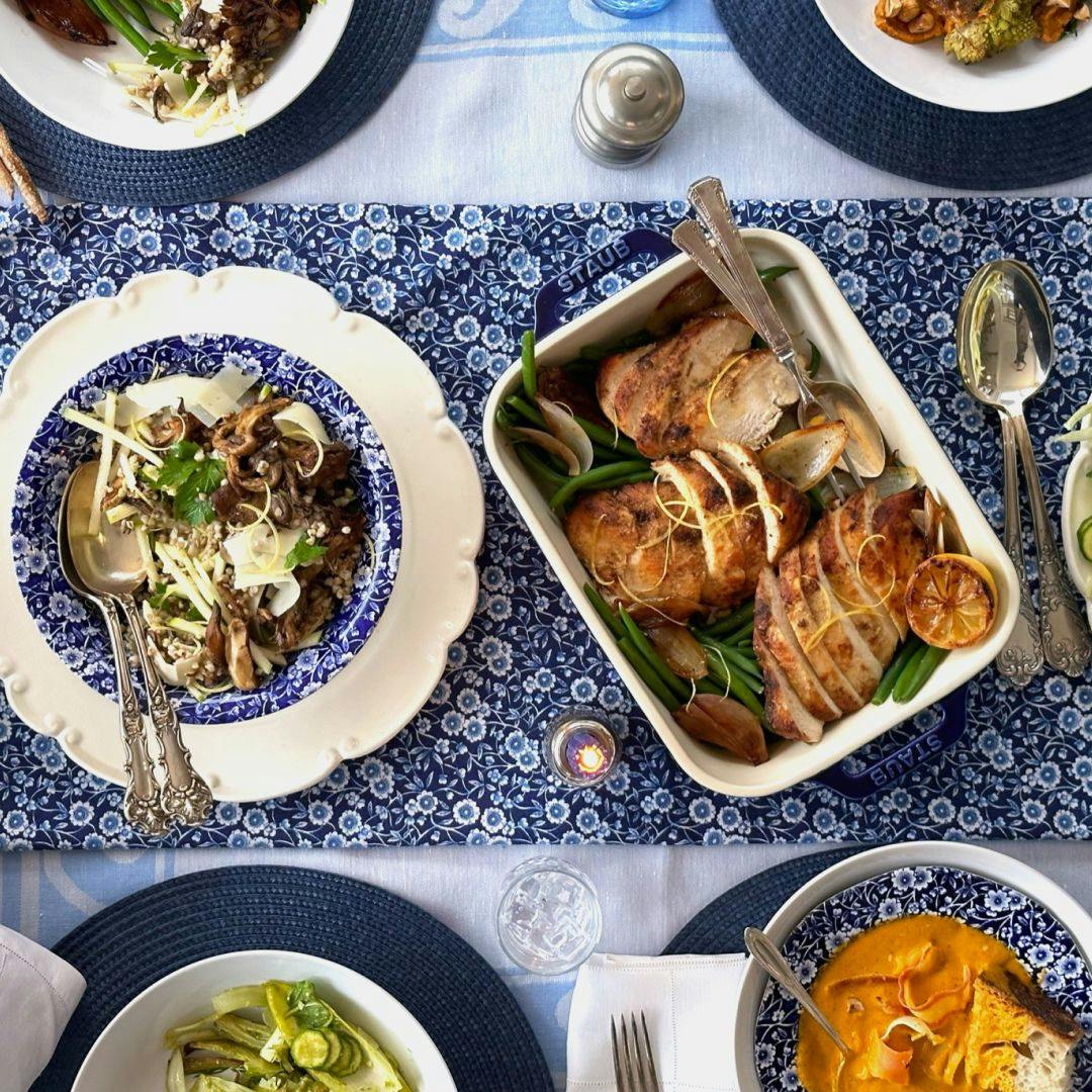 roast chicken on a blue tablecloth