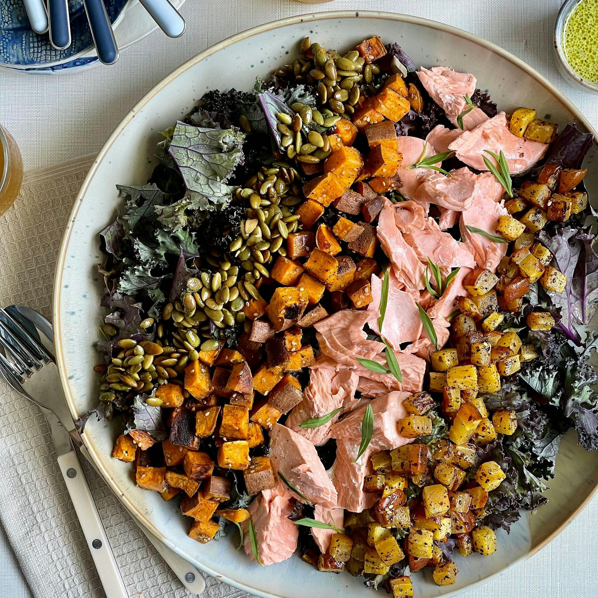 Salmon Cobb Salad with Tarragon, Roasted Beets, Sweet Potatoes, Pepitas & Kale
