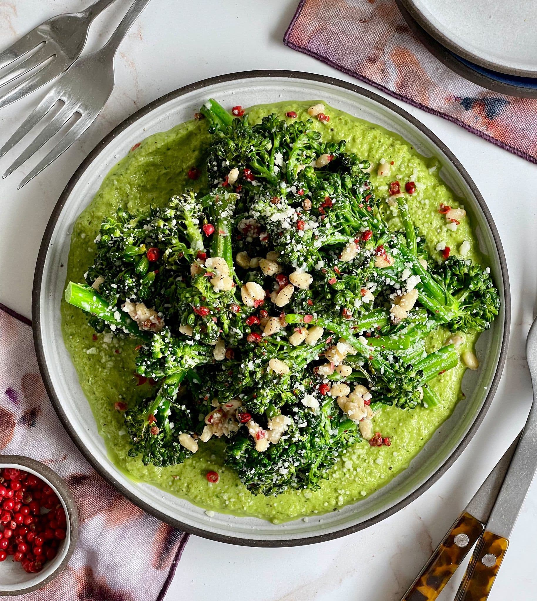 Serving plate of Cacio e Pepe Broccolini