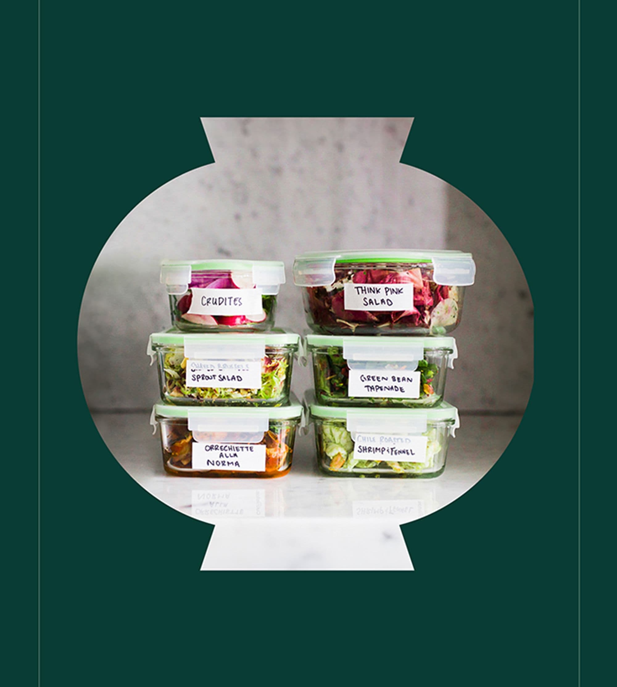 Labeled weekly meal prep containers stacked